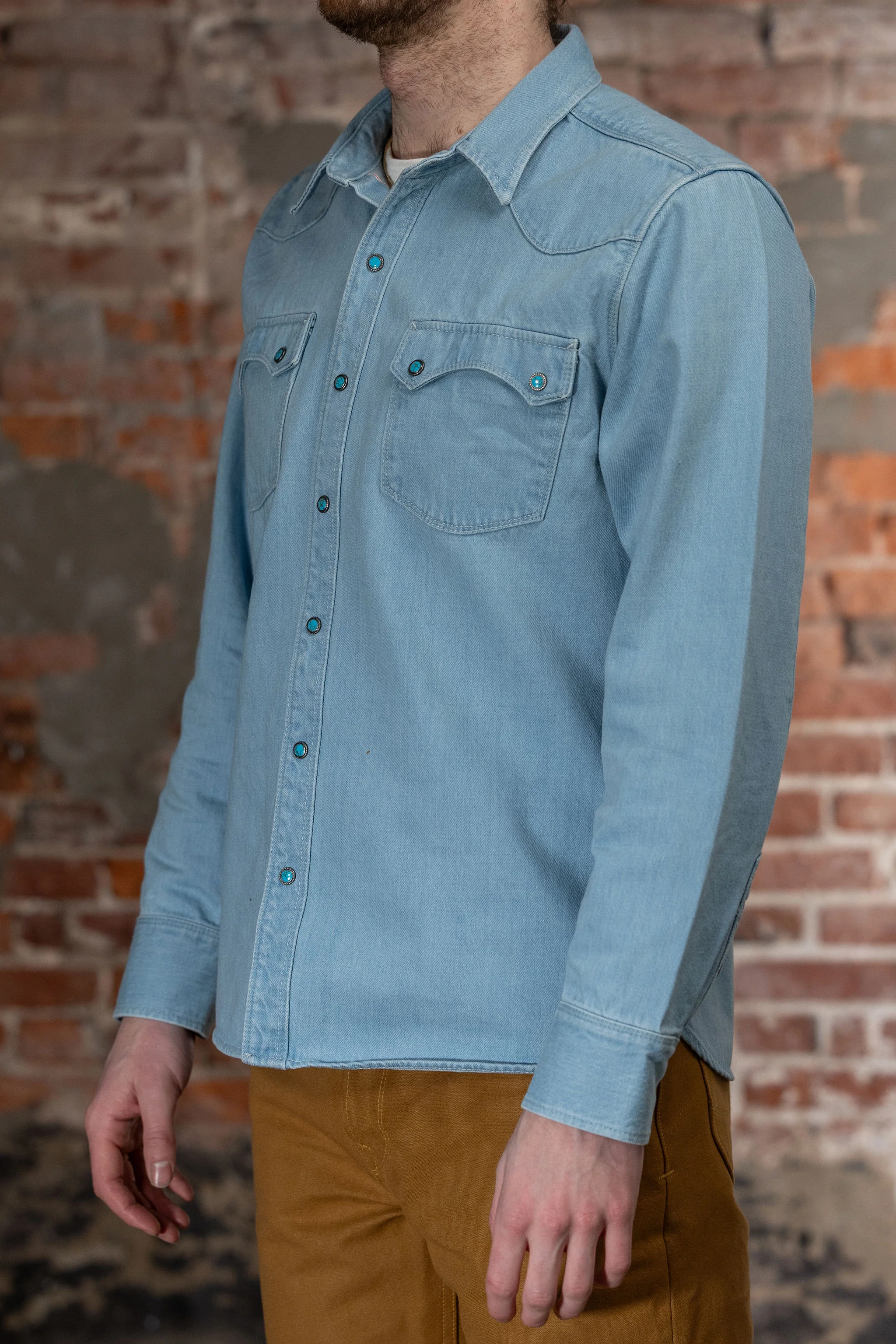 Freenote Cloth Modern Western - 11oz Bleached Denim with Turquoise Snaps - Image 2