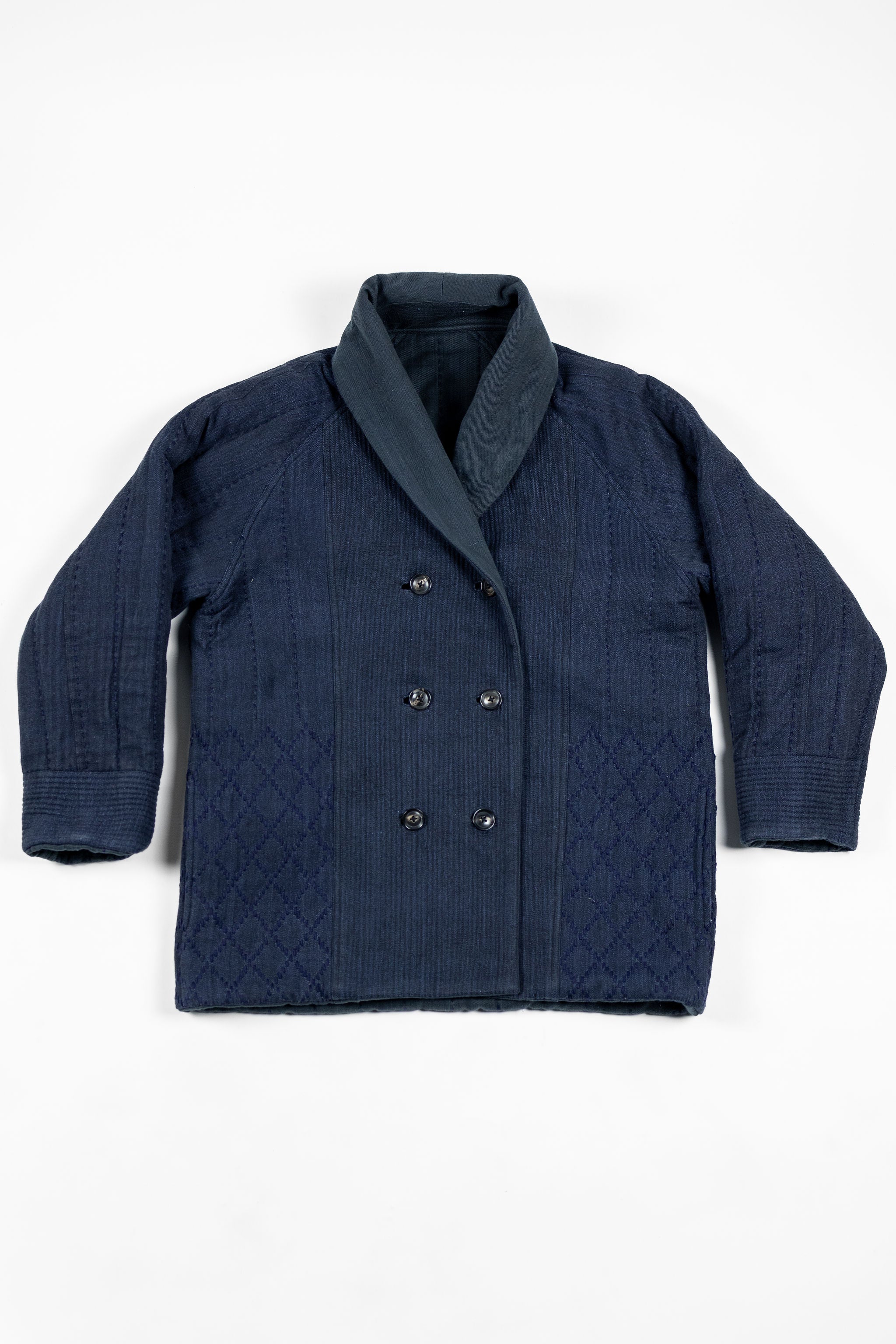 Indi + Ash Reversible Morning Shawl Overcoat - Iron/Indigo Handwoven Denim/Embroidered Military Herringbone - Image 14