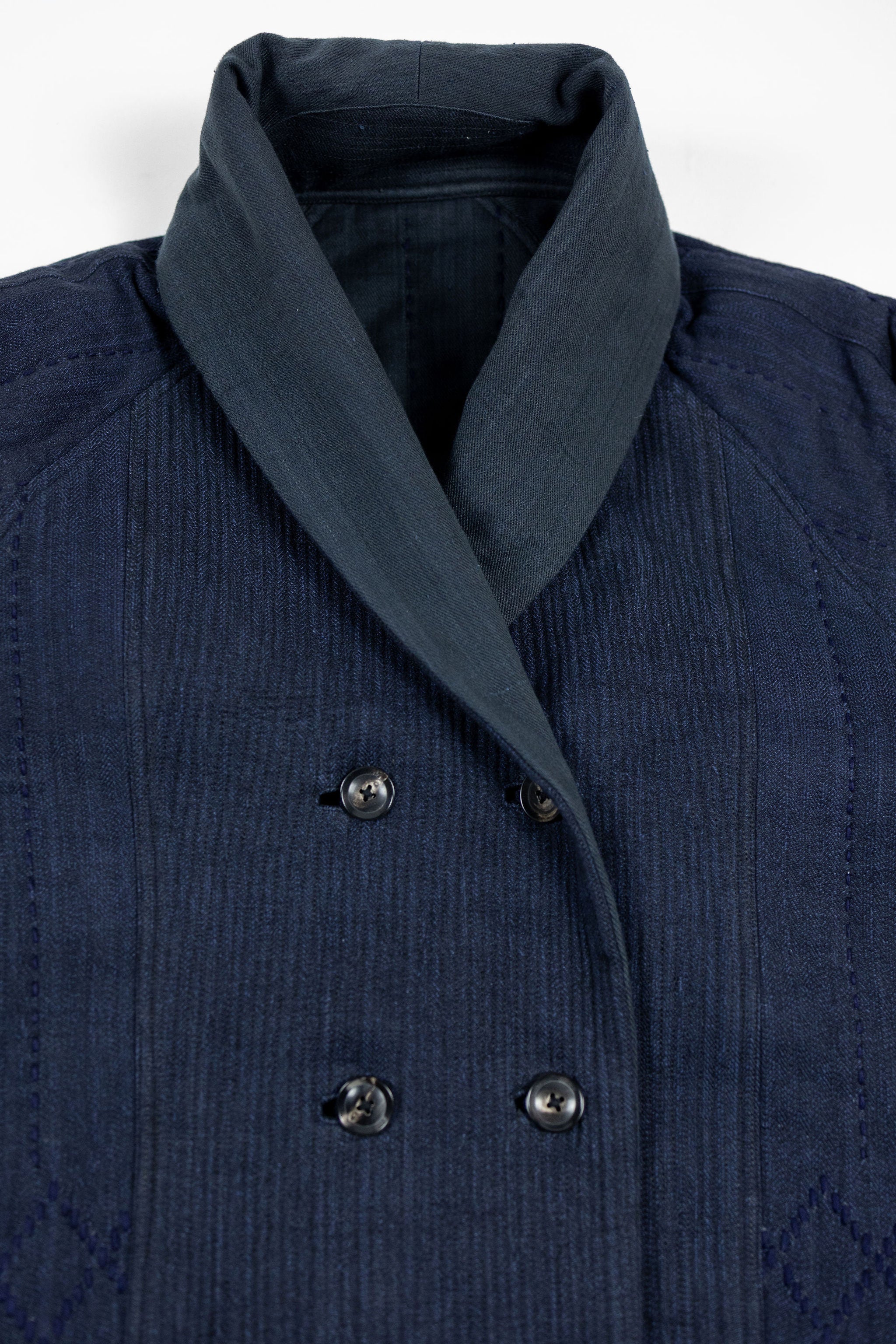 Indi + Ash Reversible Morning Shawl Overcoat - Iron/Indigo Handwoven Denim/Embroidered Military Herringbone - Image 17