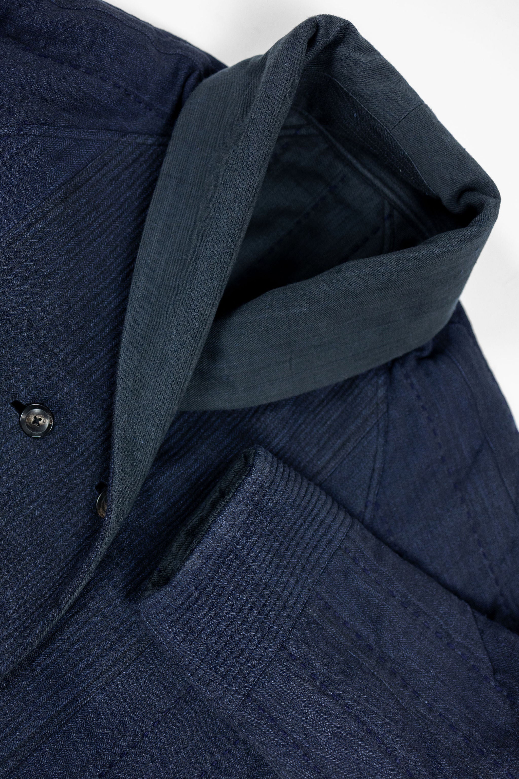 Indi + Ash Reversible Morning Shawl Overcoat - Iron/Indigo Handwoven Denim/Embroidered Military Herringbone - Image 18