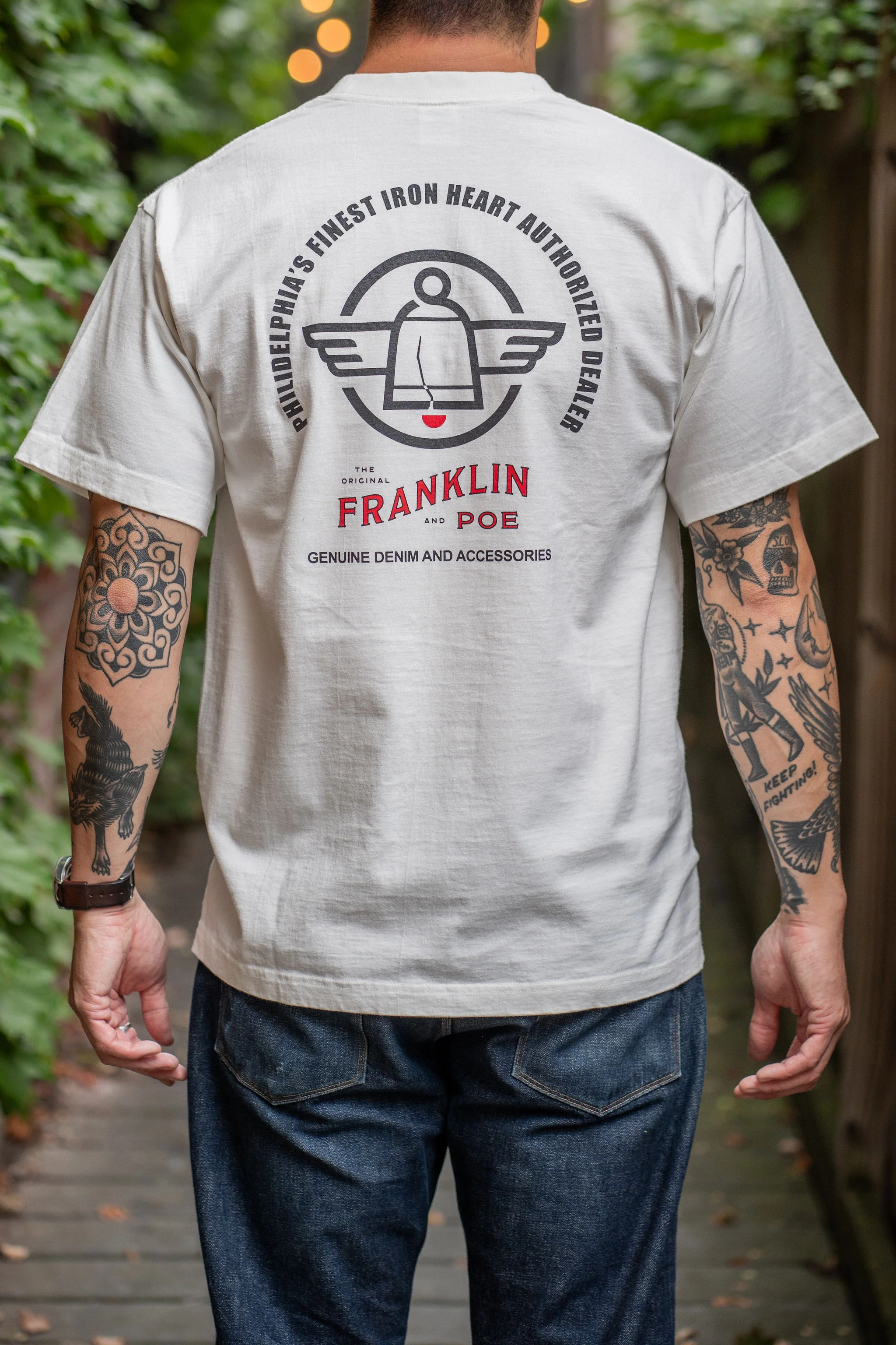 Iron Heart IHPT-FP-WHT 7.5oz Franklin & Poe Printed Loopwheel Crew Neck T-Shirt - White [COLLAB] - Image 2