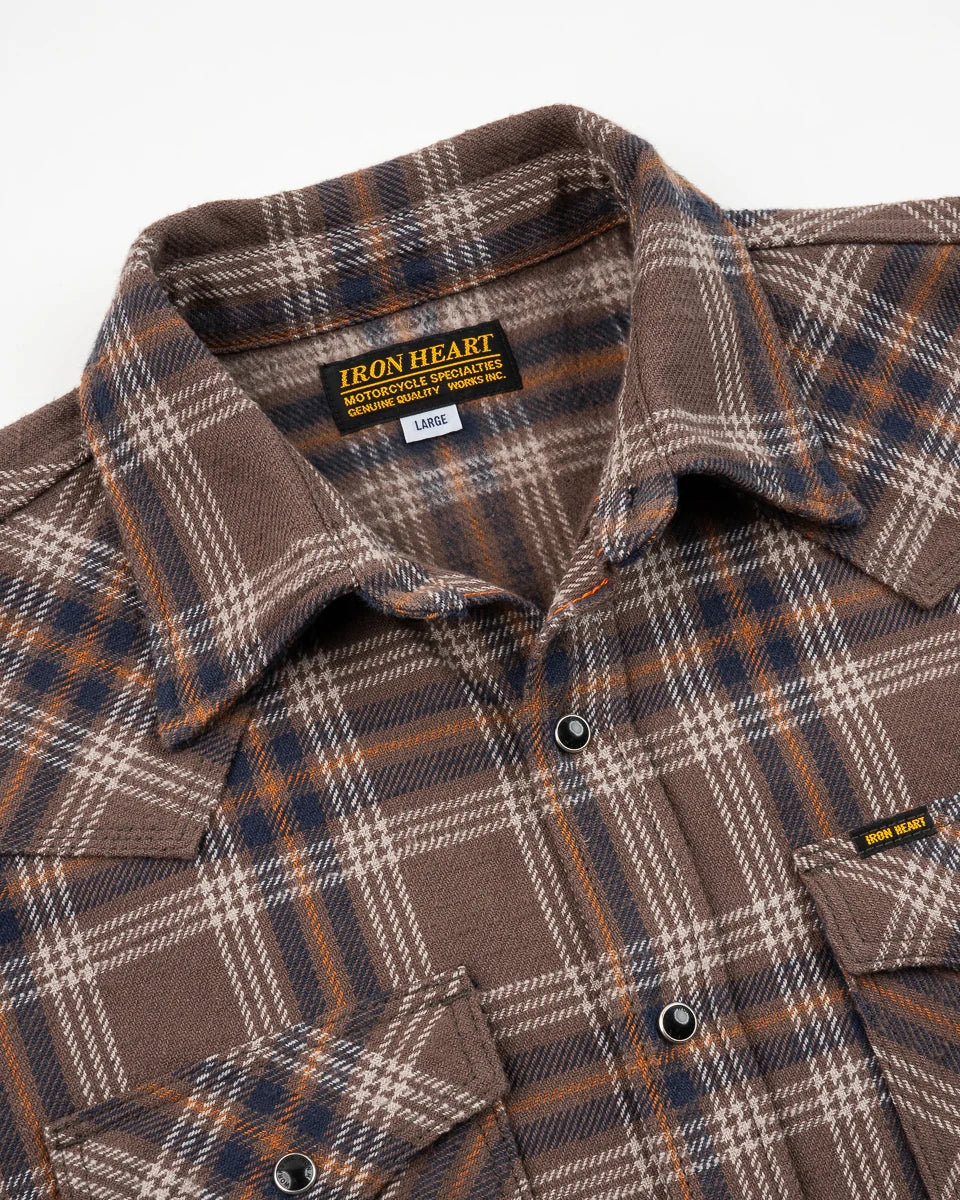 Iron Heart IHSH-431-BRN Slubby Heavy Flannel Check Western Shirt - Brown - Image 4