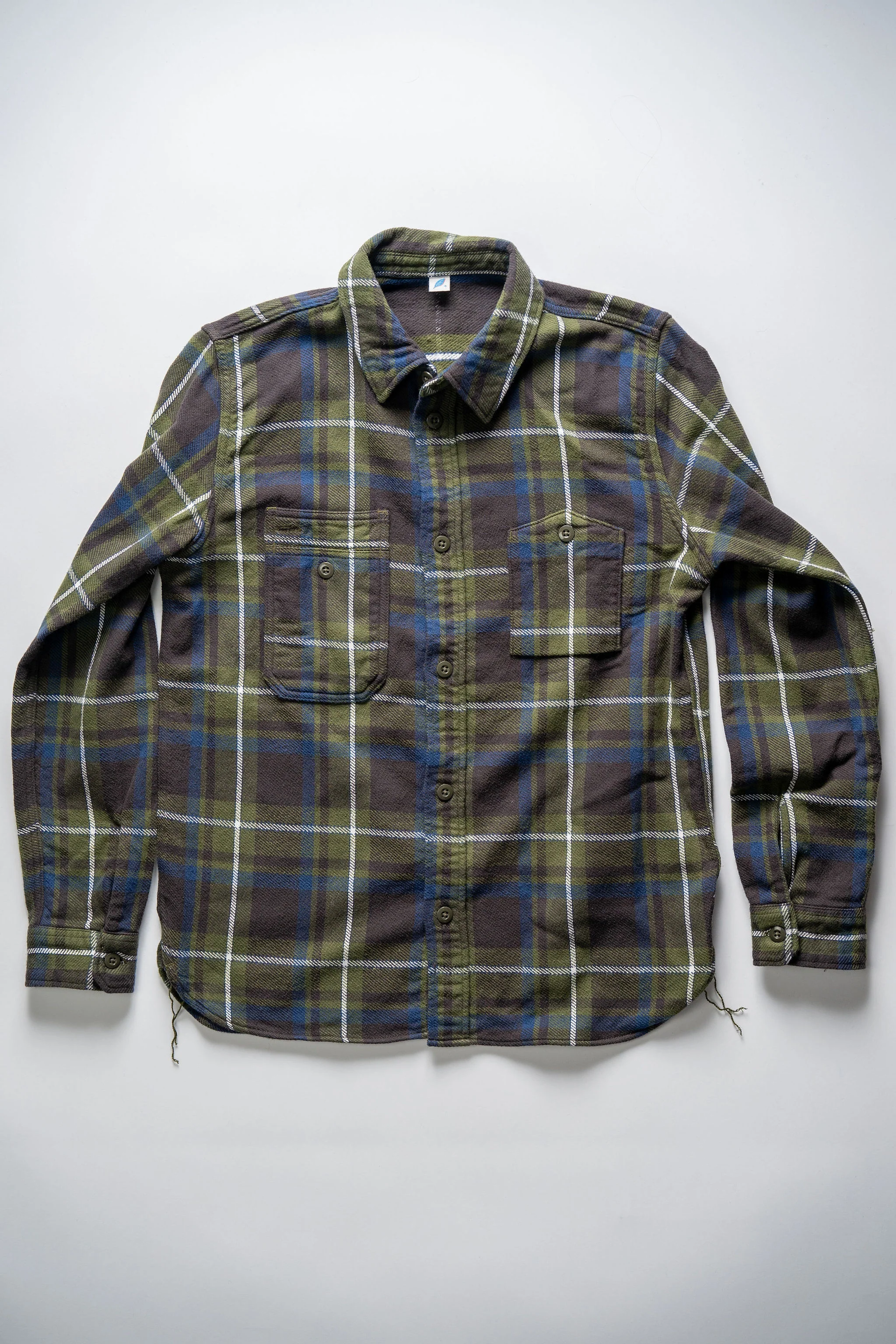 Pure Blue Japan 2222-OL Raised Surface Check Double Pocket Shirt -Olive - Image 4